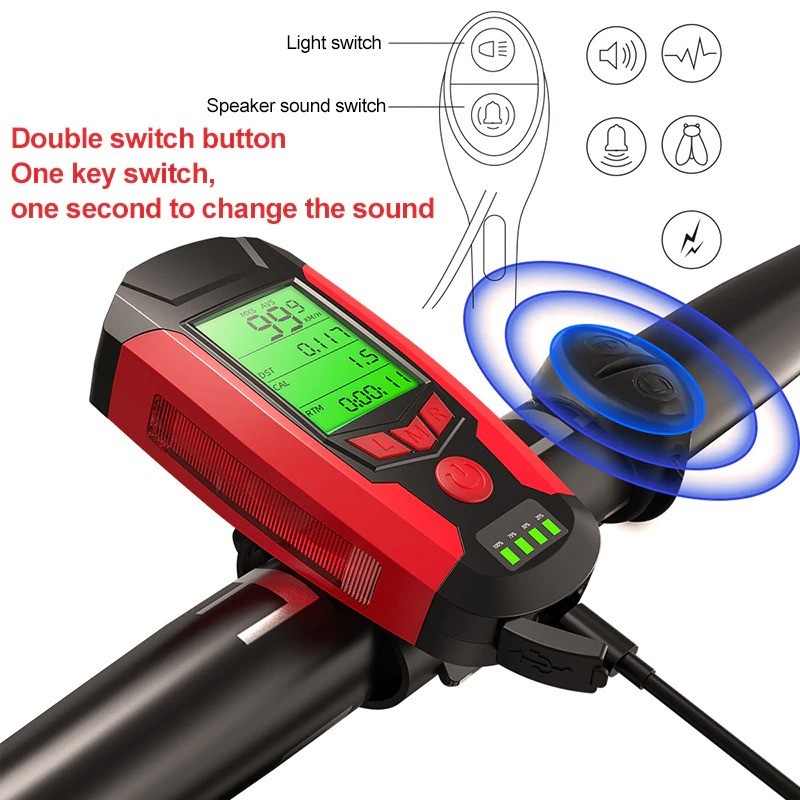 4 in 1 Lampu Sepeda + Klakson + Speedometer Rechargeable 1200mAh