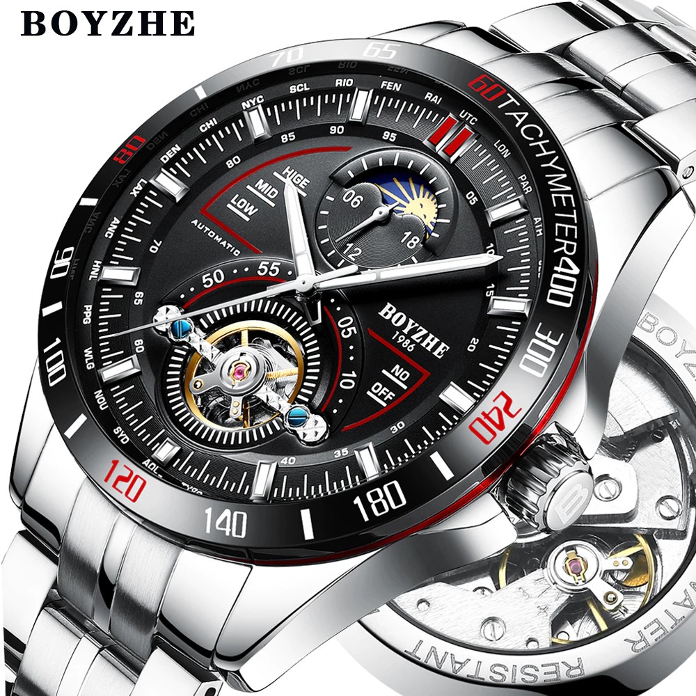 BOYZHE Mens Automatic Mechanical Fashion Top Brand Sports Watches Tourbillon Moon Phase Stainless