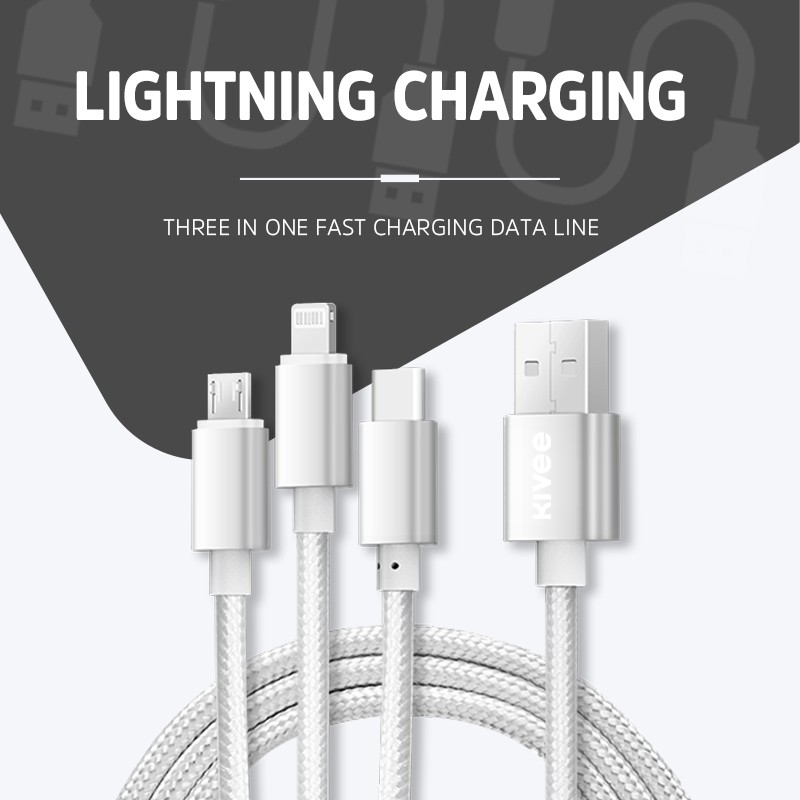 Kivee Kabel 3-IN-1 Android Micro USB Type-C IOS Iphone Fast Charging Samsung Iphone2.1A
