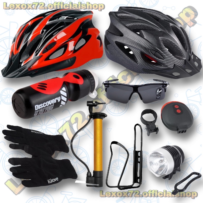 (COD) Paket Bersepeda Mantap Helm Sepeda MTB roadbike original taffsport dewasa unisex allsize + aksesoris/accessories sepeda lainnya _ merah &amp; carbon terbaru termurah terlengkap