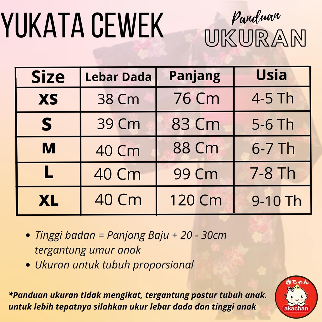 Kid's YUKATA (Kode 0 - AH) Size XS S M L Japan Summer Kimono Akachan Anak Cewe Obi Baju Jepang