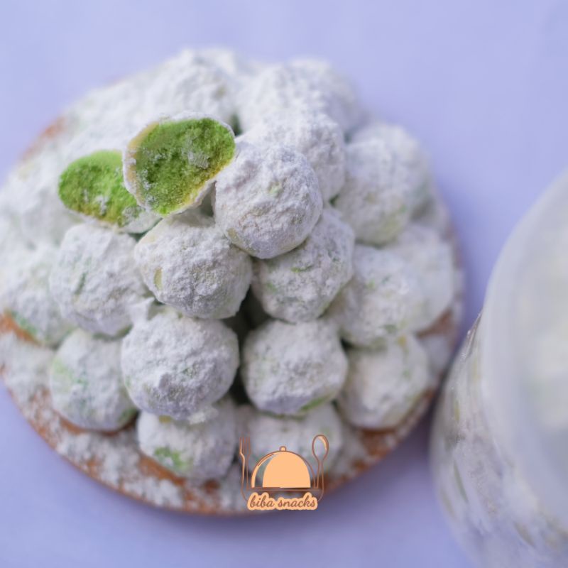 Kue Putri Salju Pandan Enak Lembut Bibasnacks ( Gratis kue semprit / sagu kemasan Pouch )
