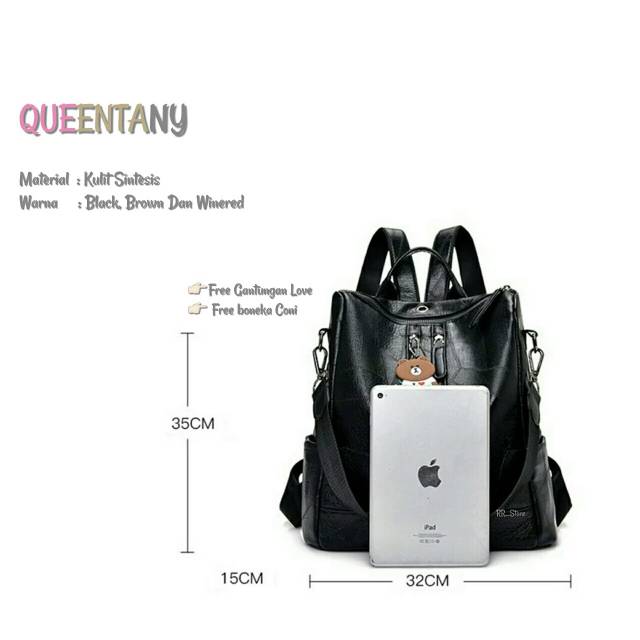 Tas Backpack Stylish QUEENTANY - KULIT SINTETIS Free Gantungan Ada Lubang Earphone Headset Handphone