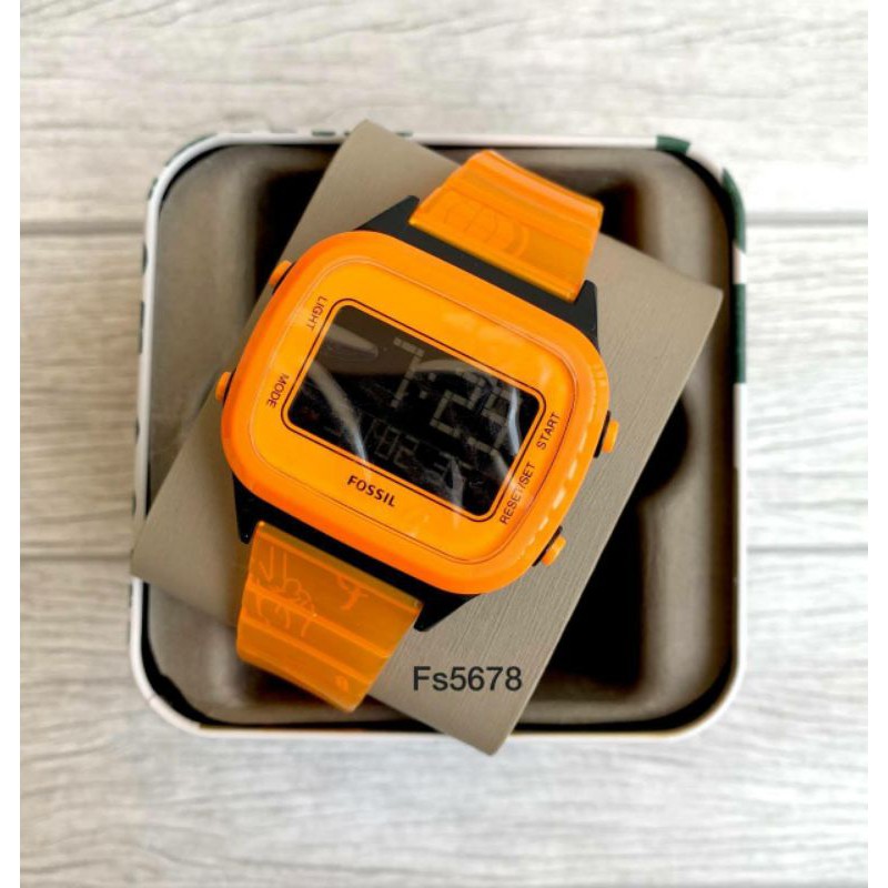 Jam Fossil Retro Digital LCD Neon Orange Nylon Watch FS5678 Original New with Tag