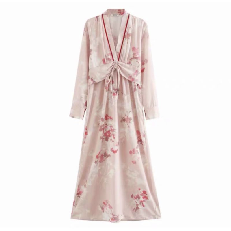 Shanghai Dusty Pink V-neck Dress / Dress Wanita Leher V Motif Bunga