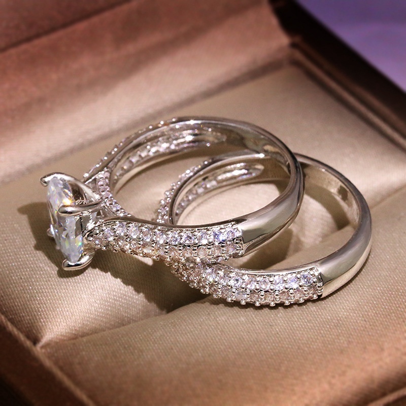 2pcs / set Exquisite 925 Perak Tergabung Kristal Zircon Perempuan Pernikahan Diamond Ring