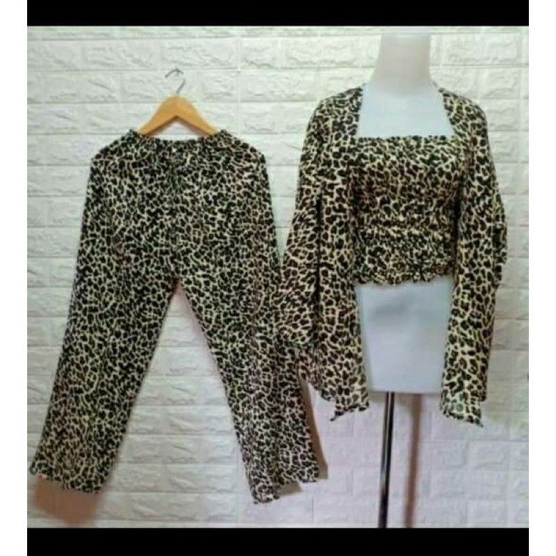 set kardigan kemben leopard macan rayon bali