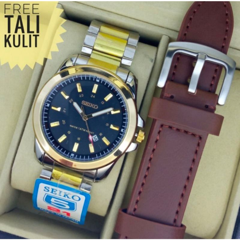 (Cod) Jam Tangan Pria Seiko Tahan Air Bonus Tali Kulit + Bok