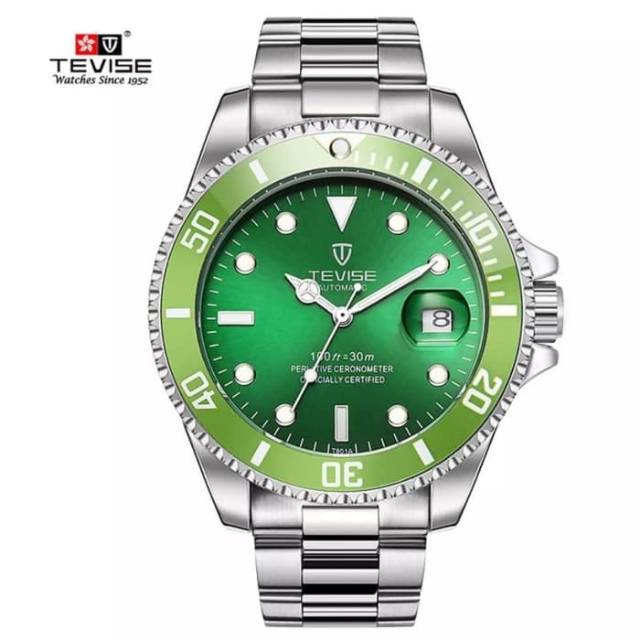 Jam Tangan Pria Mekanik Automatic Tevise Submariner Silver Green