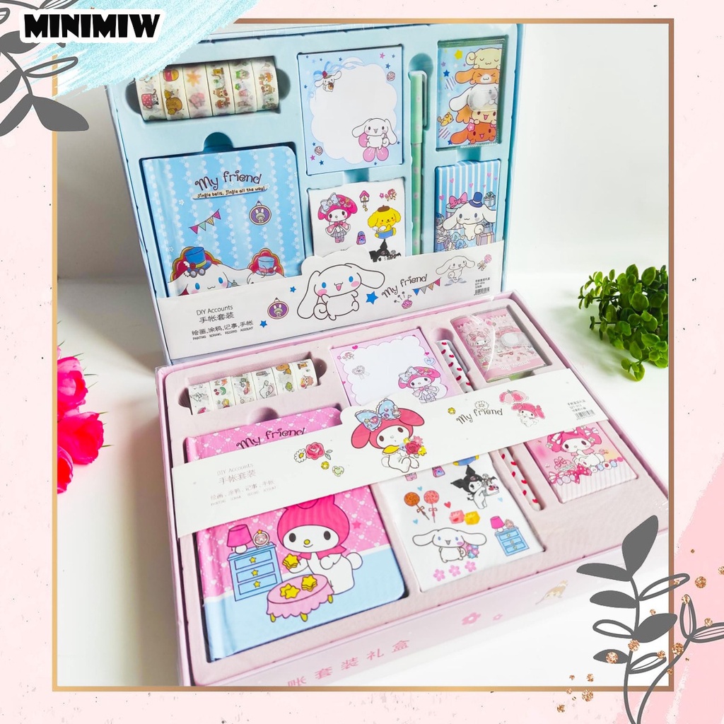 PAKET JURNAL 7 IN 1 STICKER SANRIO KELINCI PUTIH UNIK ALAT JURNALING LUCU IMUT KARAKTER GAMBAR GIFT BOX