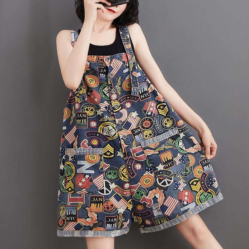 Overall Denim Cetak Jumpsuit Lima Titik Longgar Plus Ukuran Wanita