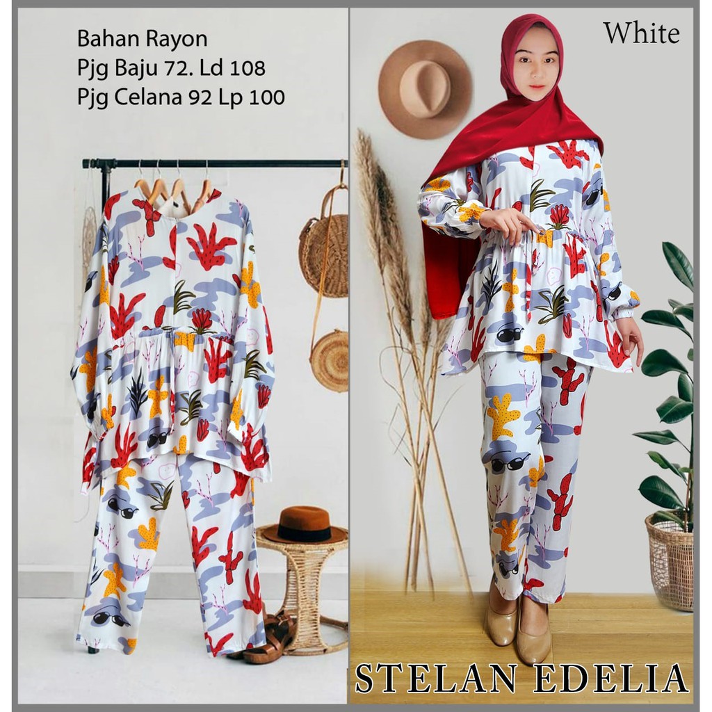 Arnis Edelia Stelan Gamis Rayon Motif Pantai Busui Wudhu Friendly Celana Panjang Maxi Dress COD