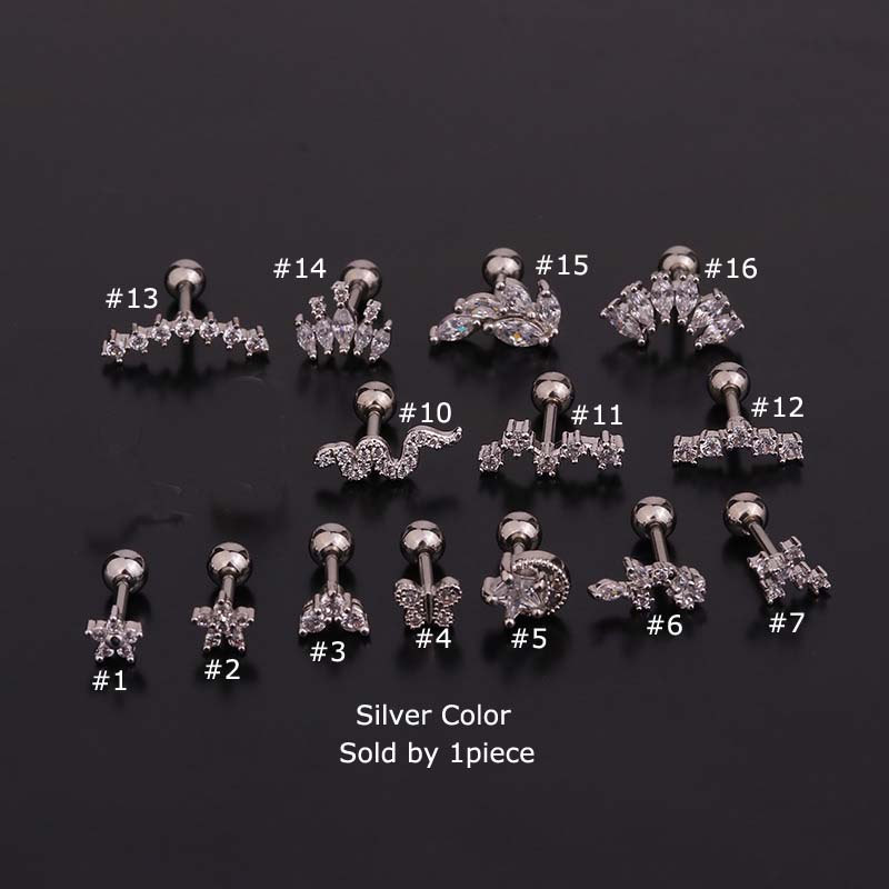 1piece Screw Stainless Steel Ear Stud 16G 6mm Length Upper Lobe Tragus Helix Piercing Copper with Zircon