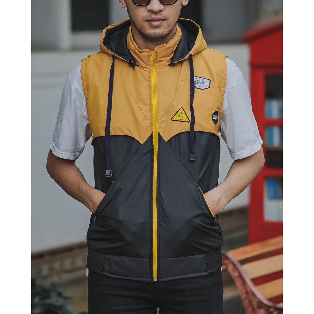 Jaket Rompi Pria Dewasa Jacket Basic Style Cesual Combi Kuning Hitam Original Matrial Parasut Despo 