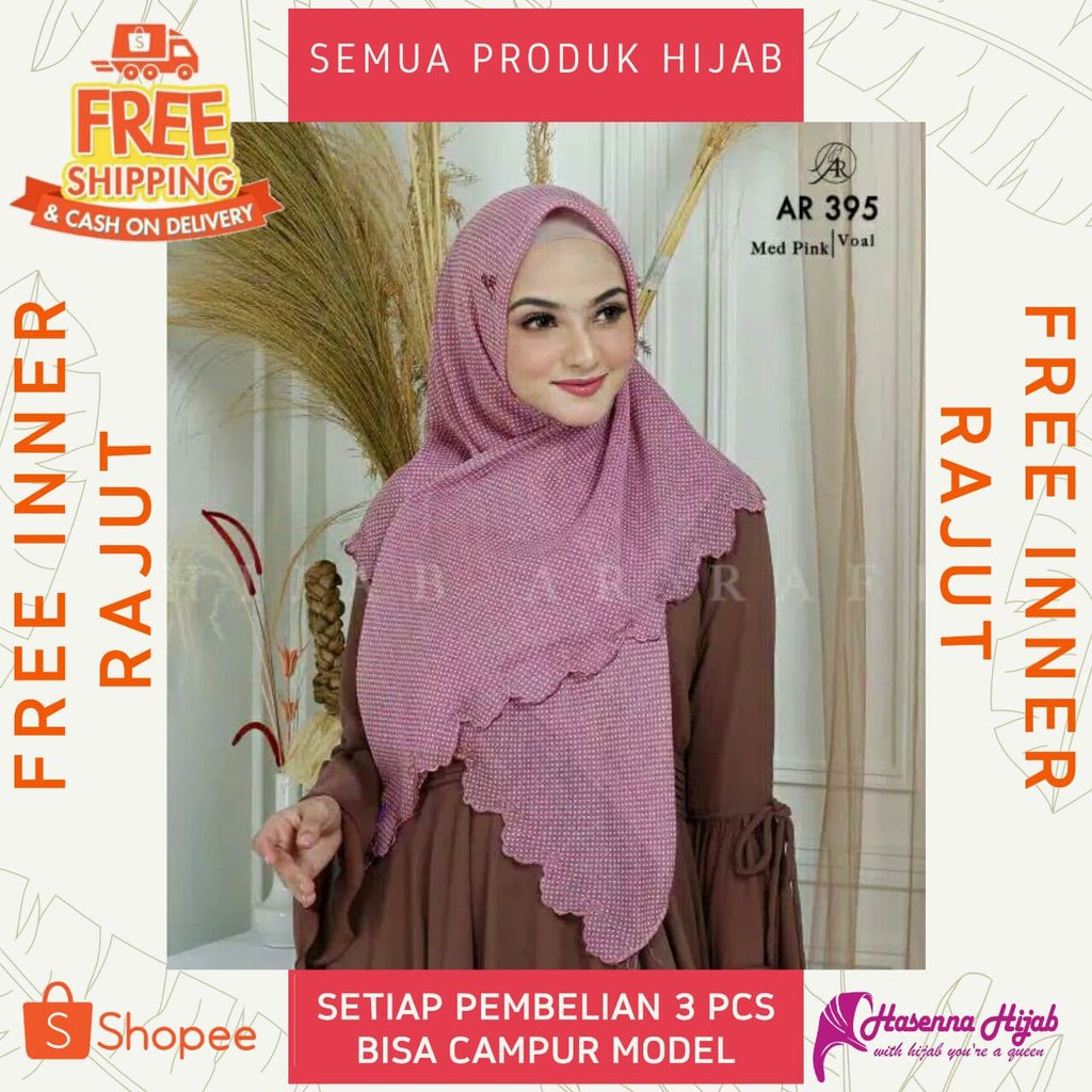 Jilbab Arrafi Hijab Segiempat Terbaru AR 395 Voal Motif Polkadot Variasi Bordir Senna Store