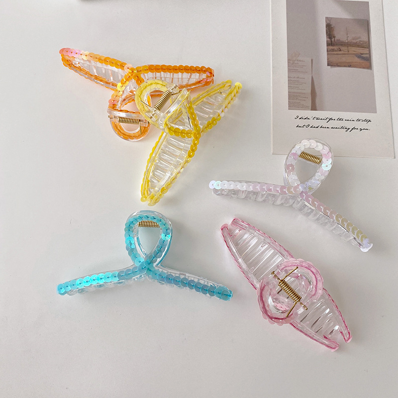 Kami Bunga Musim Panas Fashion Bersinar Sequin Acrylic Hair Claw Clip Untuk Wanita Perempuan Korea Besar Warna-Warni Resin Jepit Rambut Ponytail Holder Hair Clamp Aksesoris