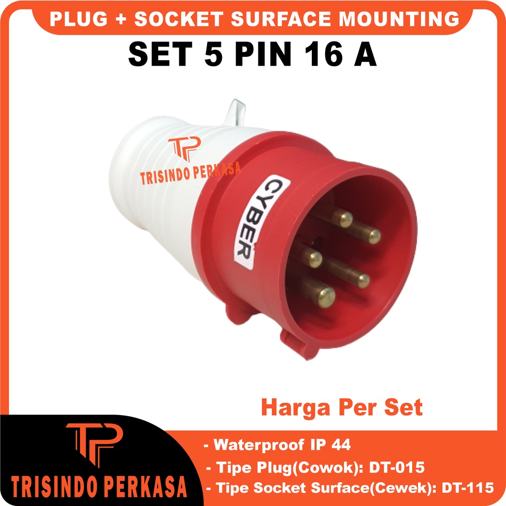 Plug Steker Socket industri/Industry Surface Mounting 5 Pin 5P 16A (015+115) IP44 5 Kaki 5Kaki 16 Ampere