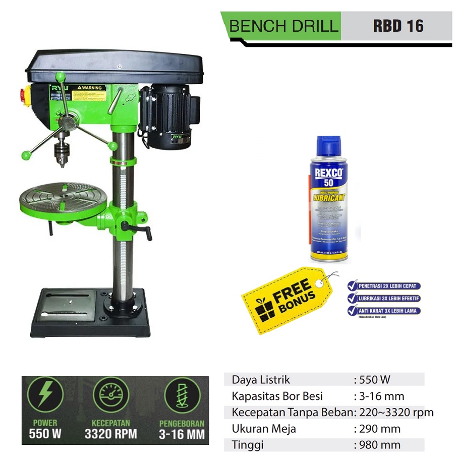 RYU Mesin Bor Duduk 16mm RBD16 Bench Drill 16 mm RBD 16 Bench Drill Press 16mm Bor Duduk RYU 16mm Bench Drill 16mm RBD16 bor duduk electric drill press MURAH ORIGINAL BERGARANSI