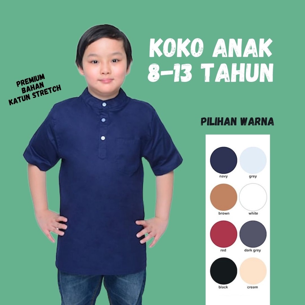 Pakaian Atasan Muslim Baju Koko Anak Laki Laki Lengan Pendek Premium Motif Polos Usia 8 9 10 Umur 11