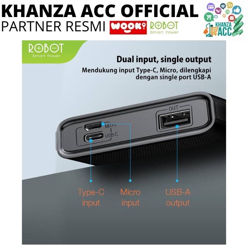 KHANZAACC PowerBank ROBOT 10000mAh RT190 Dual Input Port Type C &amp; Micro USB Original Bergaransi