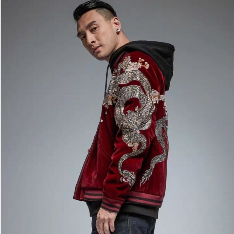 Jaket Cowok Harajuku dragon velvet Jacket yokosuka sukajanI Ready stock murah jeket pria javan ori