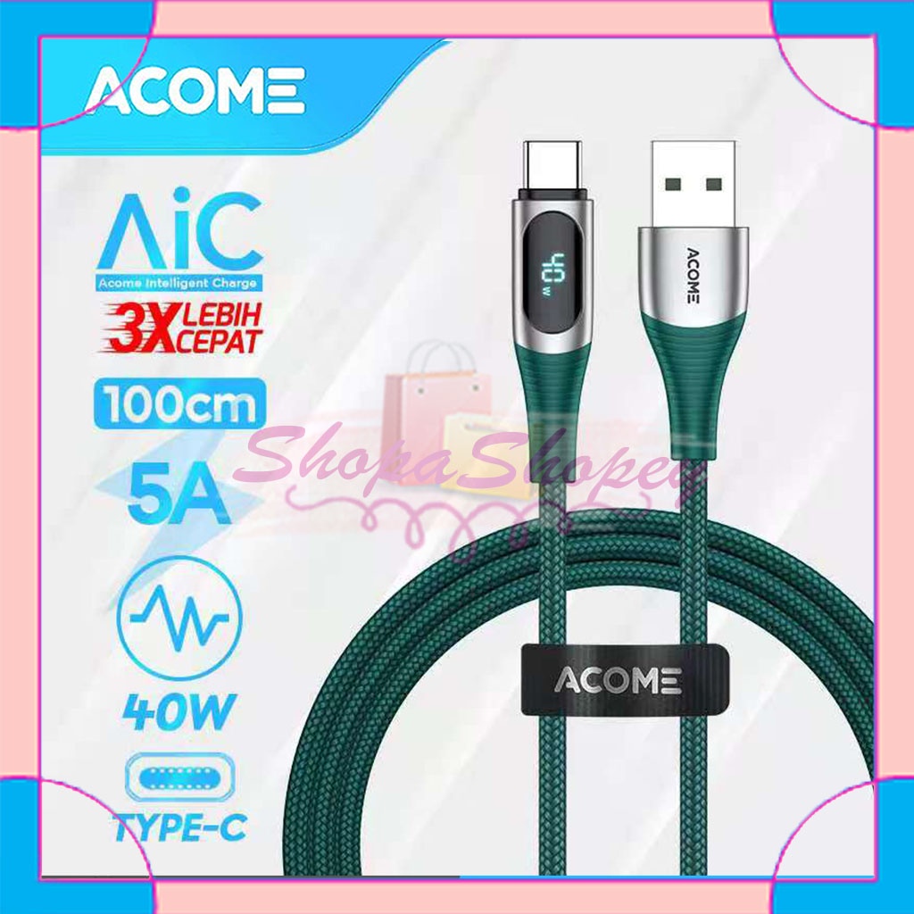 Kabel Data ACOME AIC100 Type-C 100cm Fast Charging 5A LED Display Garansi Resmi 1 Tahun