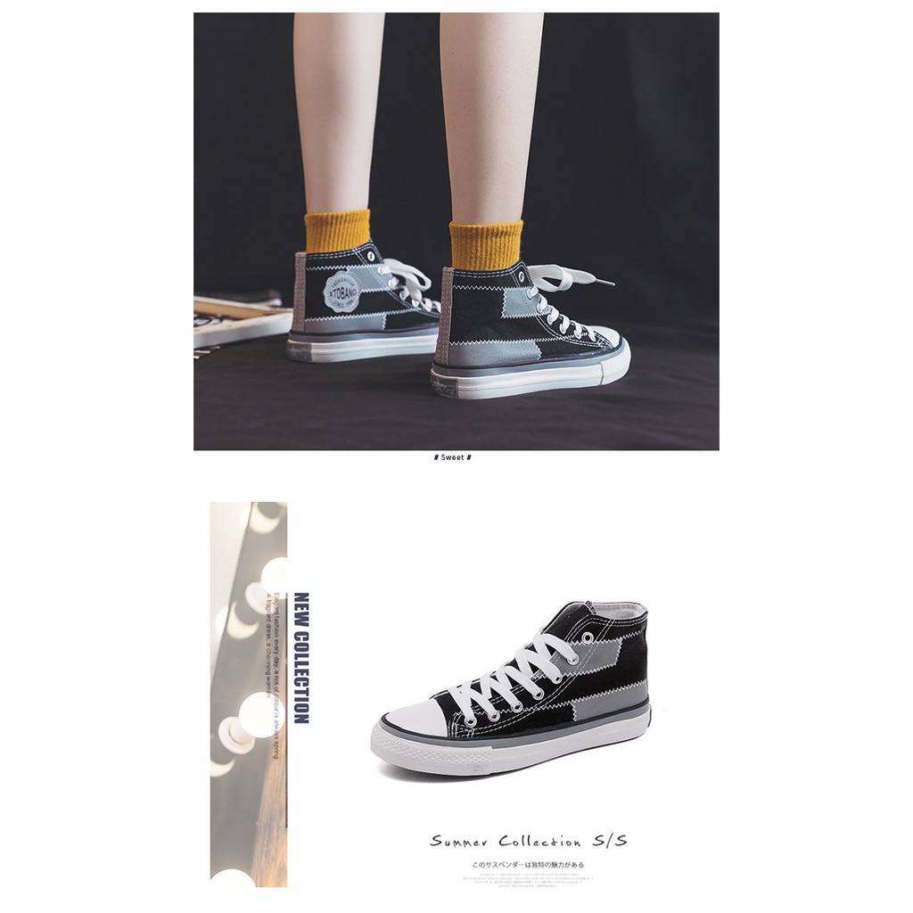 MEFoot.ID Sepatu Wanita Sneakers Import Korea Model High Top Bahan Kanvas Warna Hitam Putih Abu Dapat 2 Tali-37