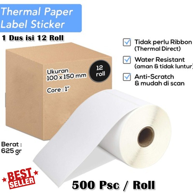 Termurah Kertas Label Sticker Barcode Thermal 100 x 150 mm 1 Roll Isi 500