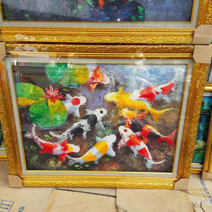 

bingkai lukisan ikan koi seni palet,UK 72x92cm cat minyak timbul