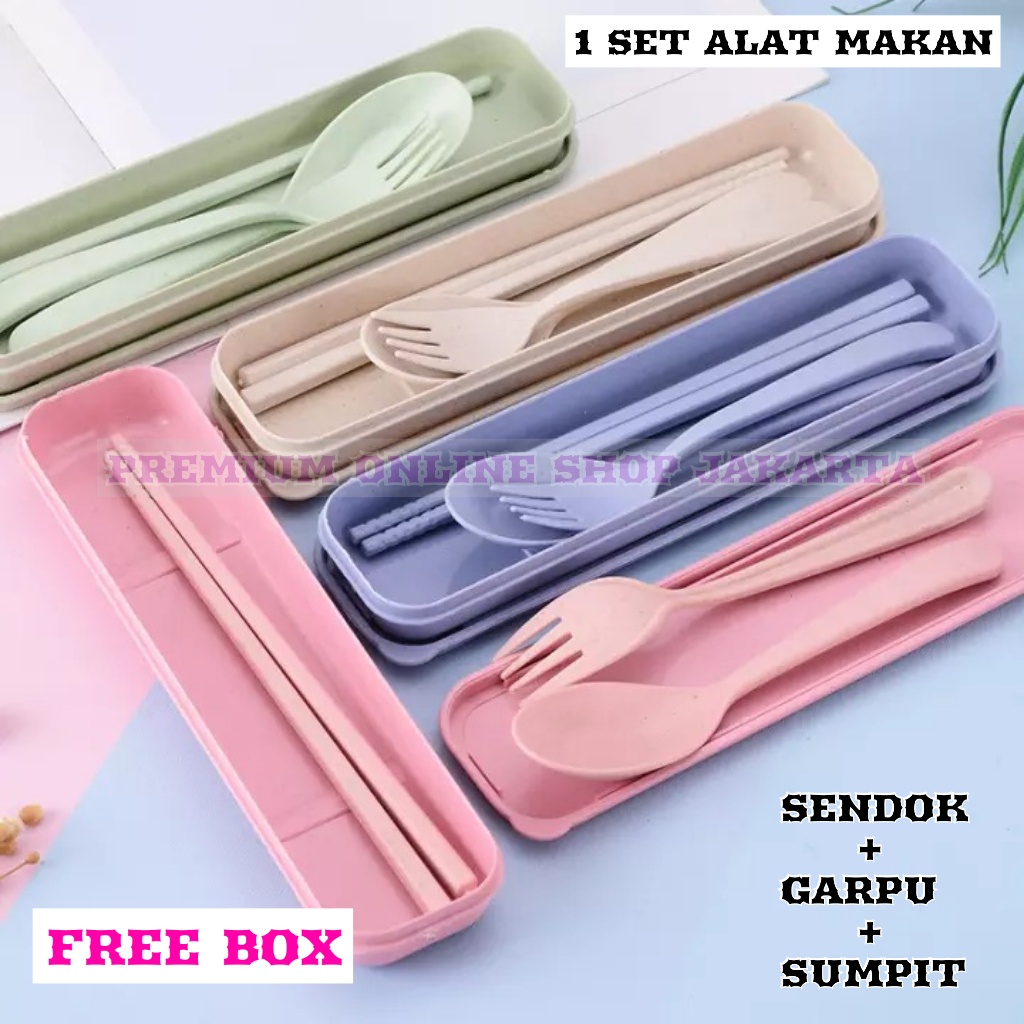 Sendok Set STAINLESS STEEL Free Box Sendok Garpu Sumpit Set 4 in 1