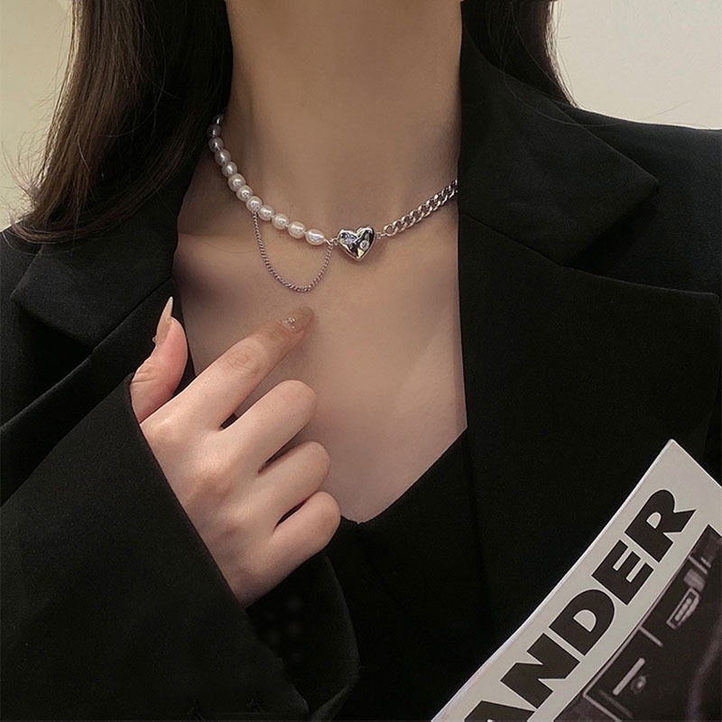 South Korea's New Natural Pearl Love Stitching Necklace Female Ins Trend Hip-hop Clavicle Chain Summer Light Luxury Niche Design Sense Simple Fashion Accessories Jewelry Gifts