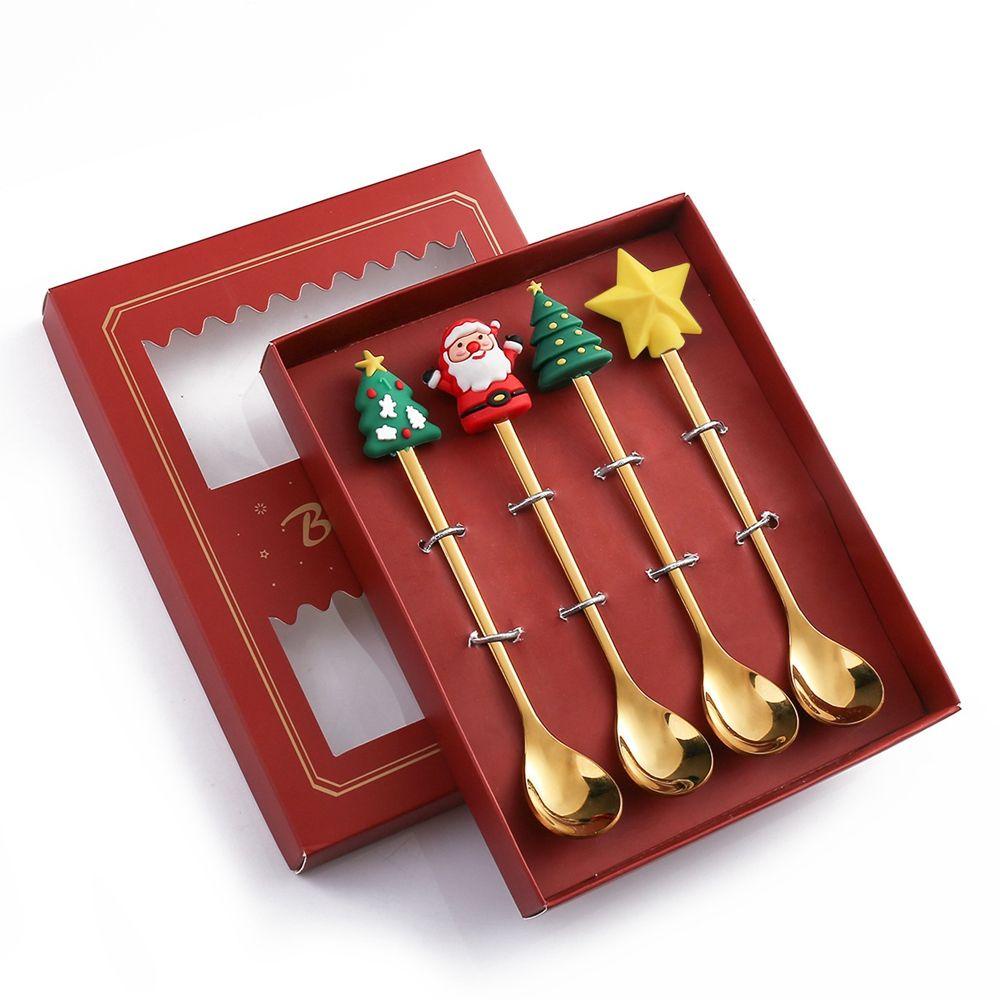 [Elegan] Hadiah Natal Kreatif 4/6pcs Pola Lucu Electroplate Seri Natal Dessert Spoon Sendok Dan Garpu