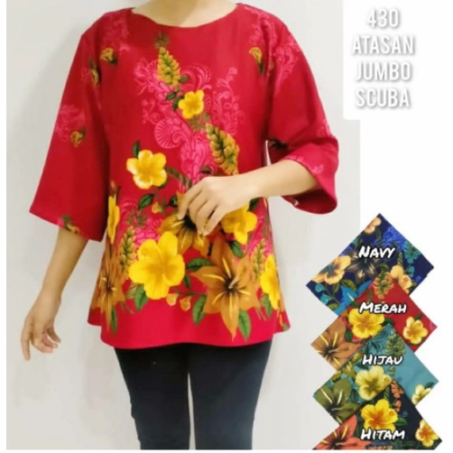 Blus Wanita Lengan Pendek 3/4 Motif Scuba Stretch Jumbo Big Size XXL