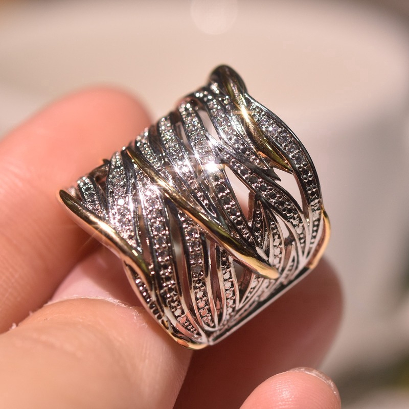 Baru Penuh Diamond Zircon Winding Multi-Lapisan Emas Dua Nada Cincin