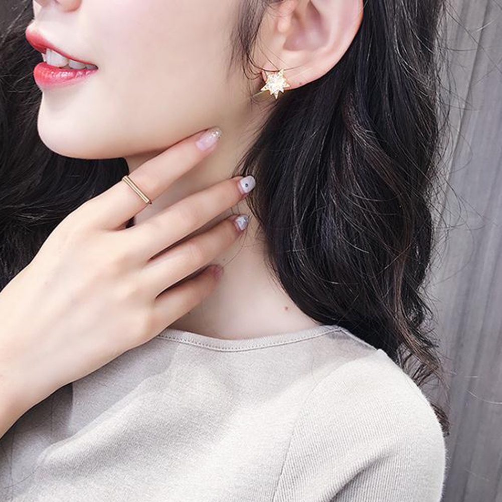 Hu Hu Hu Hu Hu Alat Bantu Pasang Kacamata♡ Anting Tusuk Asimetris Bentuk Bulan Bintang Hias Cubic Zirconia Untuk Wanita