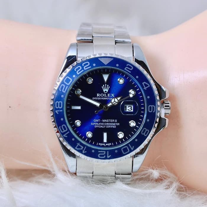 Jam Tangan Rolex Pria Ring Putar Tanggal Aktif - Silver plat Biru Tua