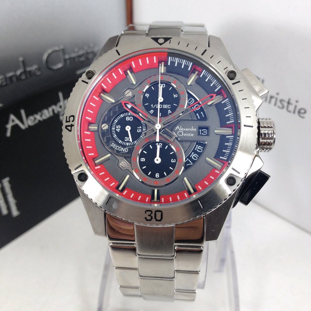 Jam Tangan Pria Alexandre Christie AC 6465MC silver red 47mm Original