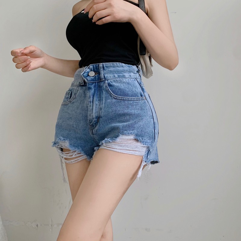 Robek Rasa Dingin Jeans Wanita Tinggi Pinggang Longgar Lebar Kaki Celana Pendek Tinggi Pinggang Pela