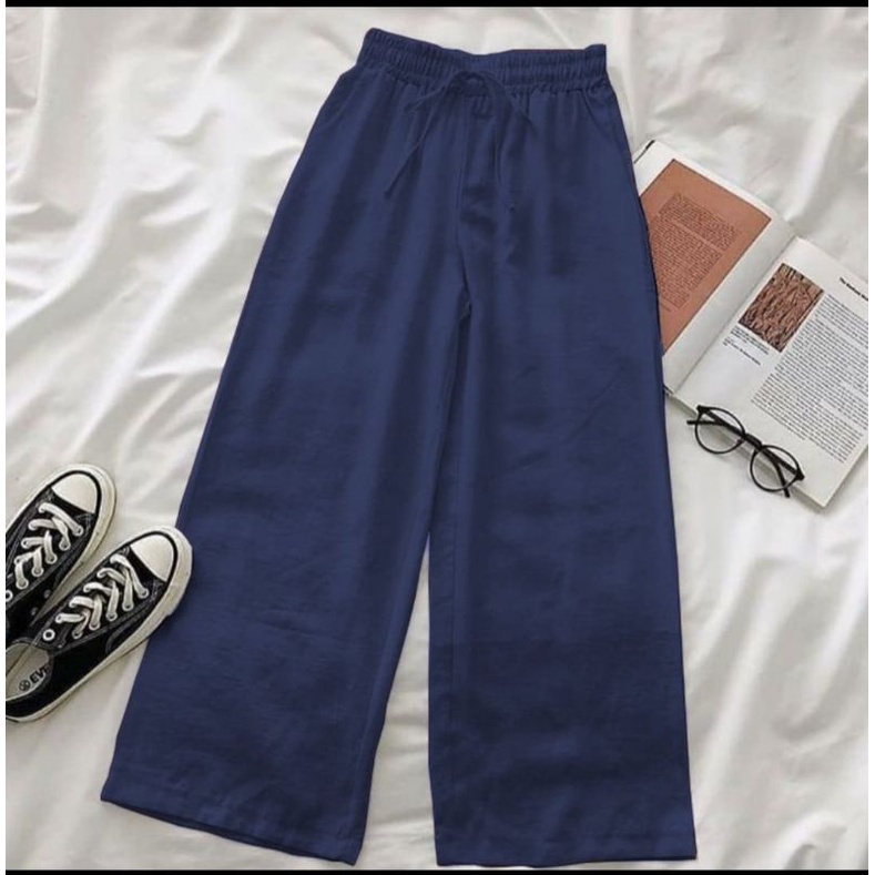 Celana Wanita Kekinian WIDI PANTS Kulot Jumbo Panjang Bahan Linen Rami Premium Import Fashion Bawahan Dewasa Ootd Pinggang Full Karet Serut Highwaist Cewek Remaja Model Ala Korea Gaya Modern Murah Dan Terbaru Hitam-7