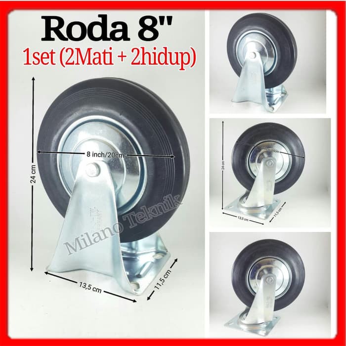 Roda Troli 8&quot; 1set (2Mati +2Hidup) Roda Troli Karet Etalase-troly-gerobak