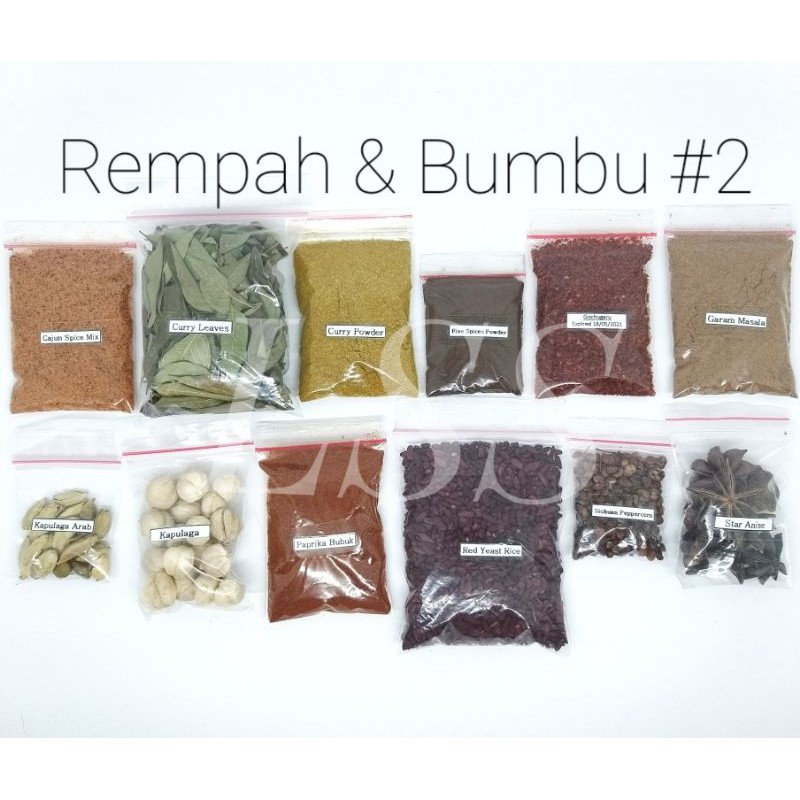 

Rempah & Bumbu #2 - Cajun / Daun Kari / Ngohiong / Gochugaru / Garam Masala / Kapulaga / Paprika