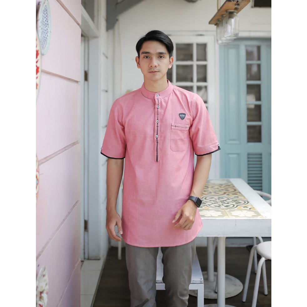 BAJU MUSLIM KOKO PRIA - KURTA PINK - KEMKO PRIA MODERN - BAJU LEBARAN