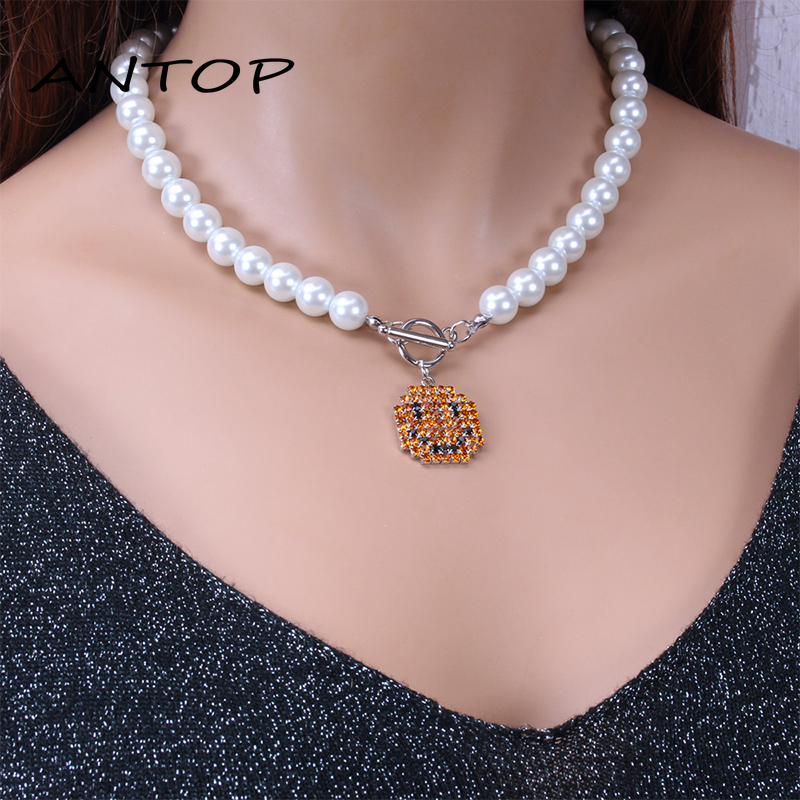 Kalung Mutiara Rantai Wanita Dengan Liontin Bentuk Smiley Gaya Retro Korea ANTOP