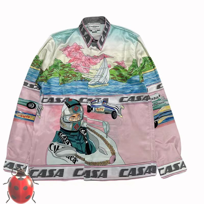 CASA CASABLANCA Silk Shirt Seaside Racing Scenery Print Tee Men Women High Quality Hawaii Summer Sty