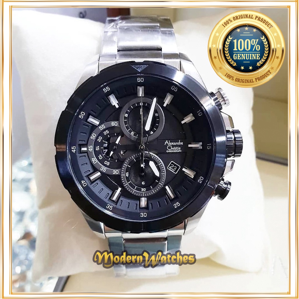 Jam Tangan Pria Original Alexandre Christie AC 6508 Silver Black Hitam ac6508 Baru Sport Tali Rantai