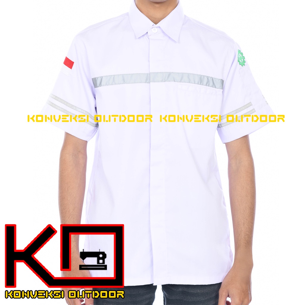 KEMEJA WEARPACK BAJU SAFETY K3 OUTDOOR INDOOR - Seragam Kemeja Kerja Lapangan Lengan Pendek Proyek Bangunan Tambang Alat Berat PLN Enginer Instalasi Mesin werpek sefti Scotlit Warna Putih Konveksi Outdoor