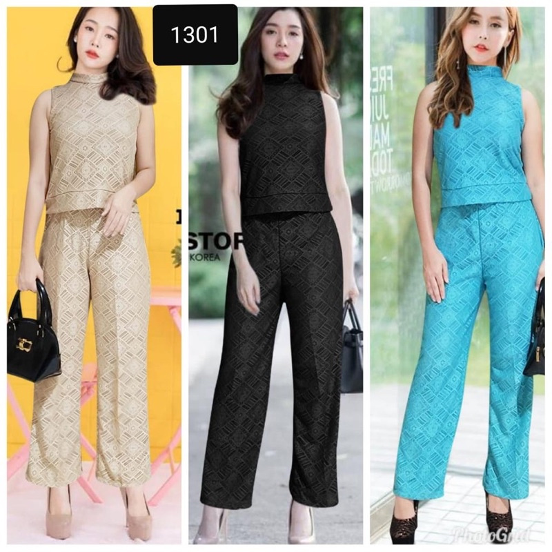 Pakaian Setelan Brokat Baju Lengan Buntung Set Celana Panjang Wanita Premium Fashion Perempuan G1301