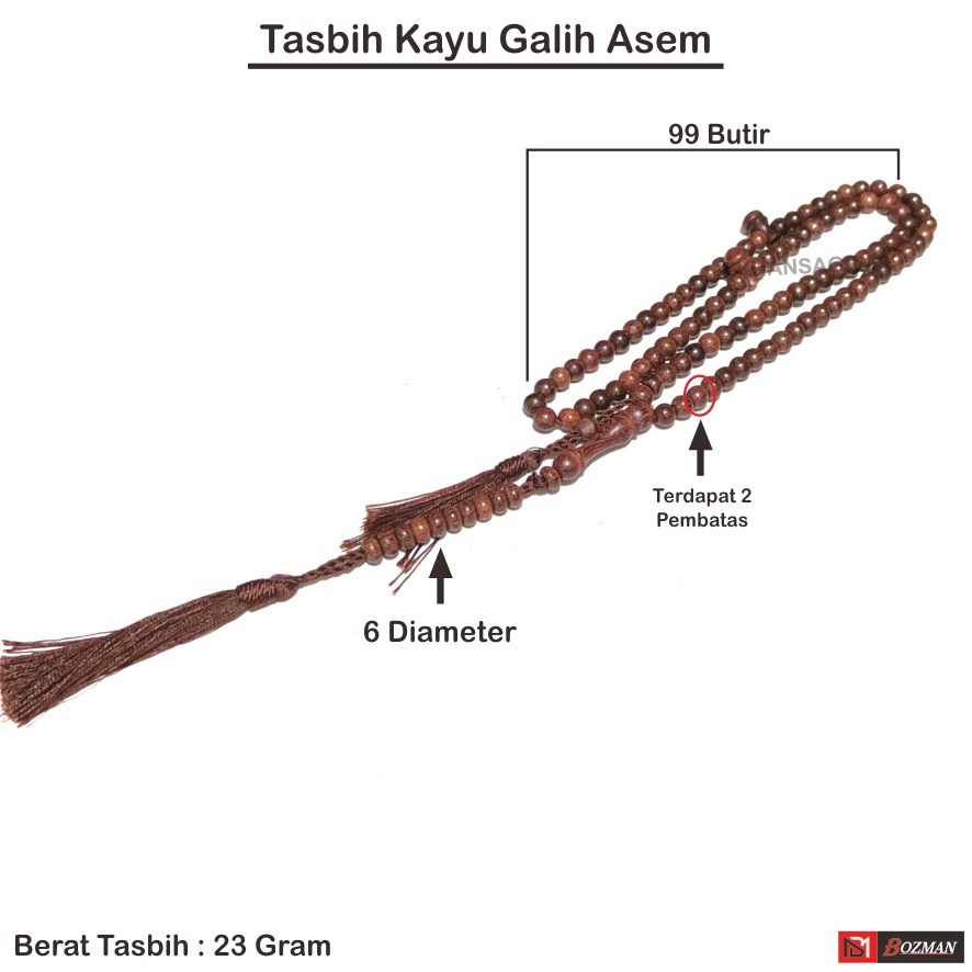 Tasbih Kayu Original Galih Asem 99 Butir Kualitas Pilihan Premium Dim 6 Mm