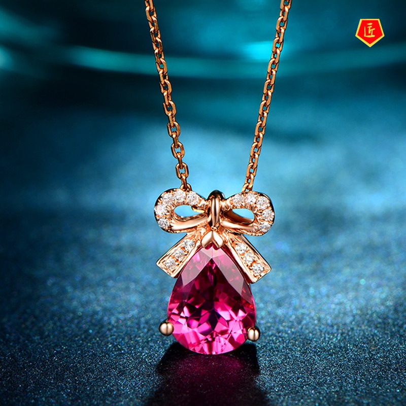 [Ready Stock]Classic Bow Inlaid Ruby Pendant Necklace