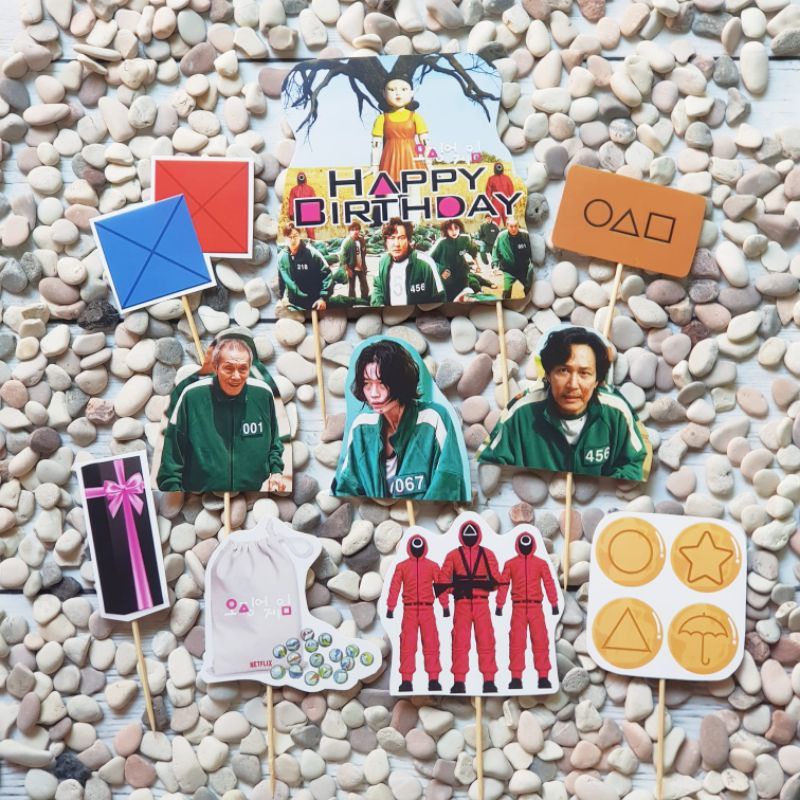 topper toper hiasan kue cake nasi tumpeng ulang tahun happy birthday karakter squid game squidgame